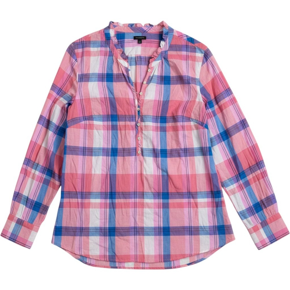 Talbots‎ Pink Blue Plaid Ruffle Neck Blouse Women's XL Cotton Button Front